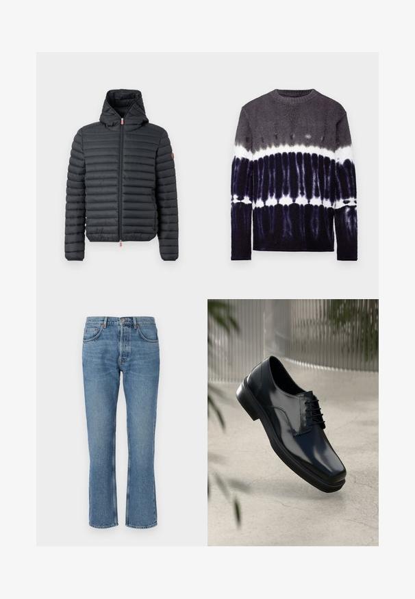 Doudoune en nylon noir avec des coutures horizontales, fermeture éclair et capuche attachée. Comprend un petit tirette rouge et un logo.; Pull à manches longues avec un motif dégradé tie-dye dans des tonalités de gris, noir et blanc ; texture douce et encolure ronde.; Jeans en denim bleu clair avec une coupe droite, design à cinq poches et surpiqûres contrastées. Le tissu a une texture douce et un léger délavage.; Chaussure de ville en cuir noir avec finition vernie, bout arrondi, design traditionnel à lacets, et semelle en caoutchouc épaisse. Détails de couture présents.