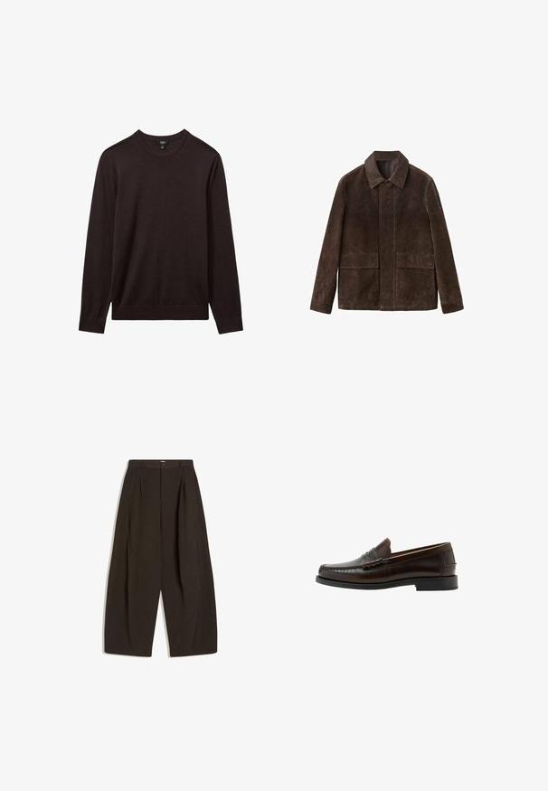 Hnedá semišová bunda s golierom z manšestru, dvoma prednými vreckami a priamo strihaným dizajnom. Mäkká textúra a minimalistický štýl.; Reiss REISS - Svetrík - dark bordeaux; Nohavice z tmavohnedého materiálu, s voľným strihom, preložkovaným predným dielom, širokými nohavicami a zapínaním na gombík v páse.; Tmavohnedý kožený penny loafer s prešitým vzhľadom v tvare mokasín, nízkym podpätkom a hladkým povrchom, zobrazený v bočnom profile na bielom pozadí.