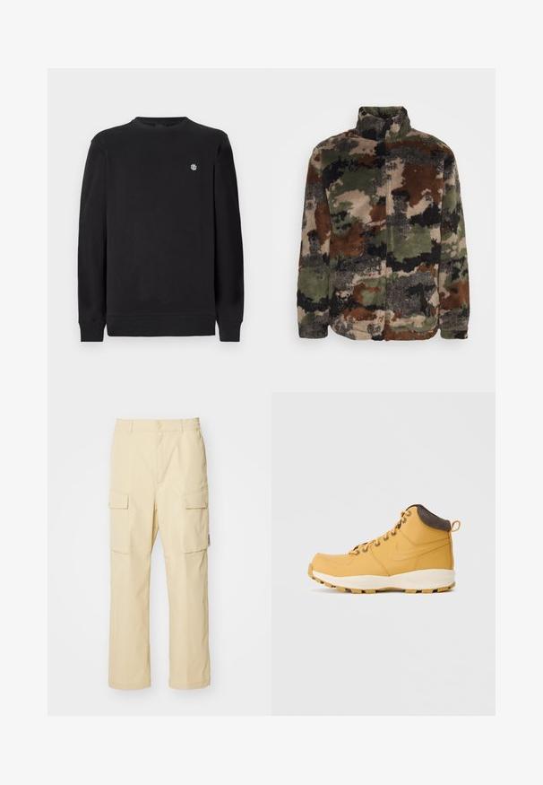 Fleecejakke i en camouflagemønster med grønne, brune og sorte nuancer. Høj krave og lynlås lukning, blød tekstur overalt.; Sort langærmet sweatshirts med rund hals og lille hvidt cirkulært logo på venstre bryst, ribbede manchetter og kant.; Beige cargo bukser lavet af stof med elastisk talje og knaplukning. Har to sidelommer og et enkelt design.; Gul læder høj-top sko med en polstret brun krave, runde snørebånd og en tekstureret gummisål med mønster designet til greb.