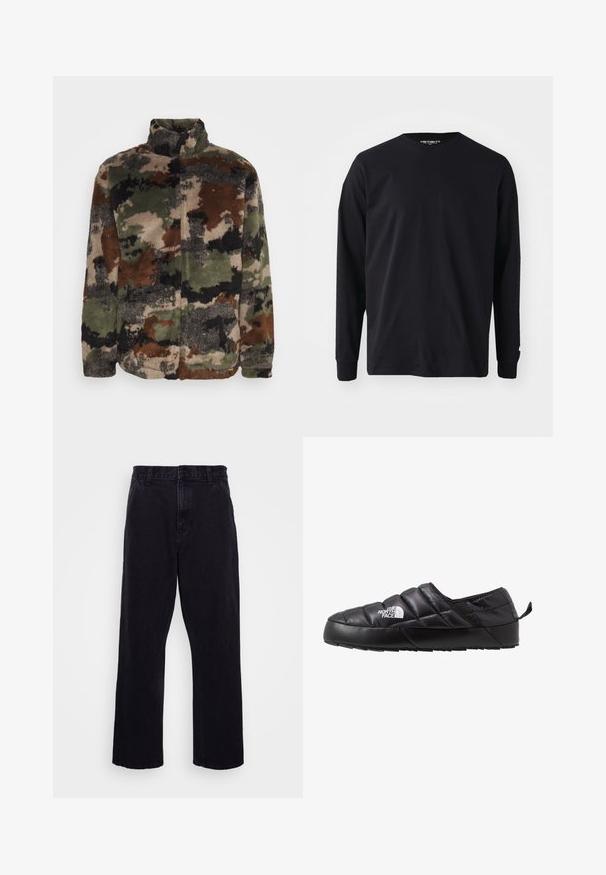 Veste en polaire à motif camouflage avec des nuances de vert, marron et noir. Col haut et fermeture éclair, texture douce sur l'ensemble.; T-shirt noir à manches longues en coton, avec un col rond et une coupe droite, présentant un petit logo sur la manche.; Pantalons en denim noir avec une coupe droite, dotés d'une fermeture à bouton et à zip, de passants de ceinture et de coutures minimales.; Chaussure noire à enfiler avec un design matelassé, fabriquée en matériau rembourré. Elle présente une semelle en caoutchouc texturée et une petite languette à l'arrière.