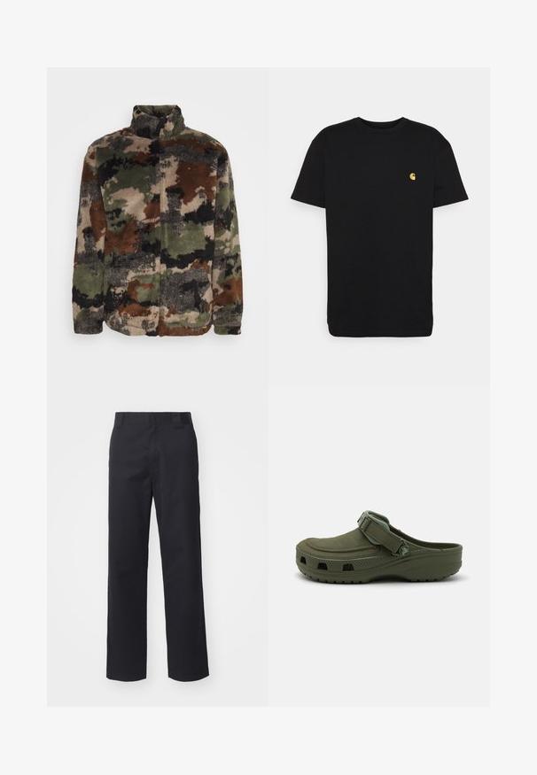 Fleecejakke i en camouflagemønster med grønne, brune og sorte nuancer. Høj krave og lynlås lukning, blød tekstur overalt.; Sort bomulds t-shirt med korte ærmer, rund halsudskæring og et lille gult logo på venstre brystområde. Enkel design og almindelig pasform.; Sorte lige benbukser lavet af bomuldsblandet stof. Har en flad frontbetræk med bæltesløjfer og ingen synlig hardware eller udsmykninger.; Grøn gummi klipklap med justerbar rem og ventilationshuller. Glat tekstur, rundt tåparti og hævet sål for komfort.