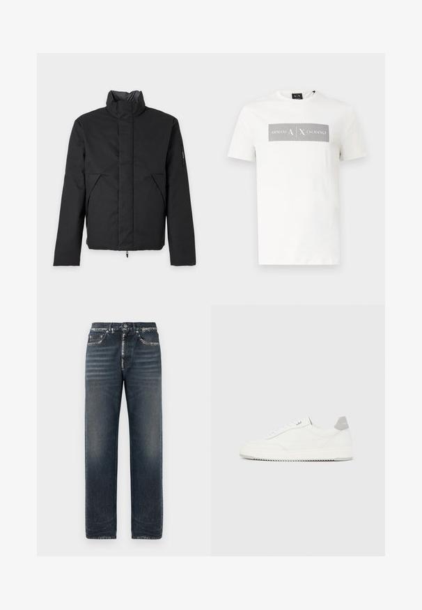 Schwarze wattierte Winterjacke mit hohem Kragen, verdecktem Frontreißverschluss, Seitentaschen und langen Ärmeln auf einfarbig hellem Hintergrund.; Weißes T-Shirt mit kurzen Ärmeln, schwarzem gestreiftem rechteckigem Design und "Armani Exchange" Schriftzug auf der Brust, Rundhalsausschnitt und schwarzem Markenlabel am Kragen.; Dunkelblaue Denim-Jeans mit entspannter Passform, dezent ausgewaschen, mit geradem Bein und klassischem Fünf-Taschen-Design.; Weißer Sneaker mit niedrigem Schaft, grauem Fersenlaschen, weißen Schnürsenkeln und einer strukturierten Sohle, dargestellt vor einem schlichten hellen Hintergrund.