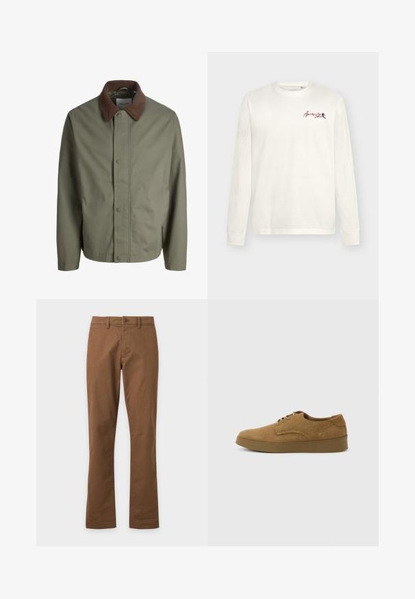 Veste olive verte à boutons avec col en velours côtelé brun, manches longues et boutons avant dissimulés.; T-shirt à manches longues blanc en coton avec un petit graphisme rouge et bleu sur la partie gauche de la poitrine. Texture douce avec une coupe classique.; Pantalon marron droit avec bouton devant et passants de ceinture sur fond blanc uni.; Chaussure décontractée à lacets en daim marron avec semelle en caoutchouc plate, vue de côté sur un fond clair uni.