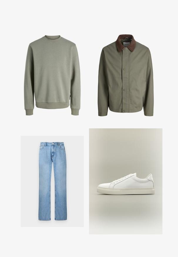 Veste olive verte à boutons avec col en velours côtelé brun, manches longues et boutons avant dissimulés.; Sweatshirt vert olive à manches longues avec col rond, poignets et ourlet côtelés, design uni, présenté sur fond blanc.; Jean droit en denim bleu clair avec bouton à l'avant et poches, présenté sur un fond blanc uni.; Baskets blanches basses à lacets sur l’avant et semelle épaisse, vues de côté sur un fond neutre.