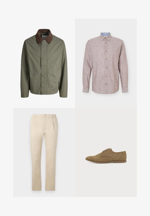 Veste olive verte à boutons avec col en velours côtelé brun, manches longues et boutons avant dissimulés.; Chemise beige à manches longues, boutonnée, avec un col classique et des boutons marron, présentée sur un fond clair uni.; Pantalon beige droit avec fermeture par bouton et fermeture éclair, passants pour ceinture et côtés élastiques à la taille.; Chaussure Oxford en daim marron pour homme à lacets avec semelle plate, vue de côté extérieur sur fond uni.