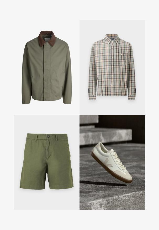 Veste olive verte à boutons avec col en velours côtelé brun, manches longues et boutons avant dissimulés.; Chemise à manches longues boutonnée avec un motif à carreaux vert, beige et bleu marine, avec une poche poitrine unique sur un fond uni.; Shorts verts en coton longueur genou avec passants pour ceinture, bouton sur le devant et poches latérales sur fond uni.; Baskets en cuir blanc avec semelle en caoutchouc beige, lacets plats et accent en forme de V sur le côté. Présentent une surface lisse et peu de détails de couture.