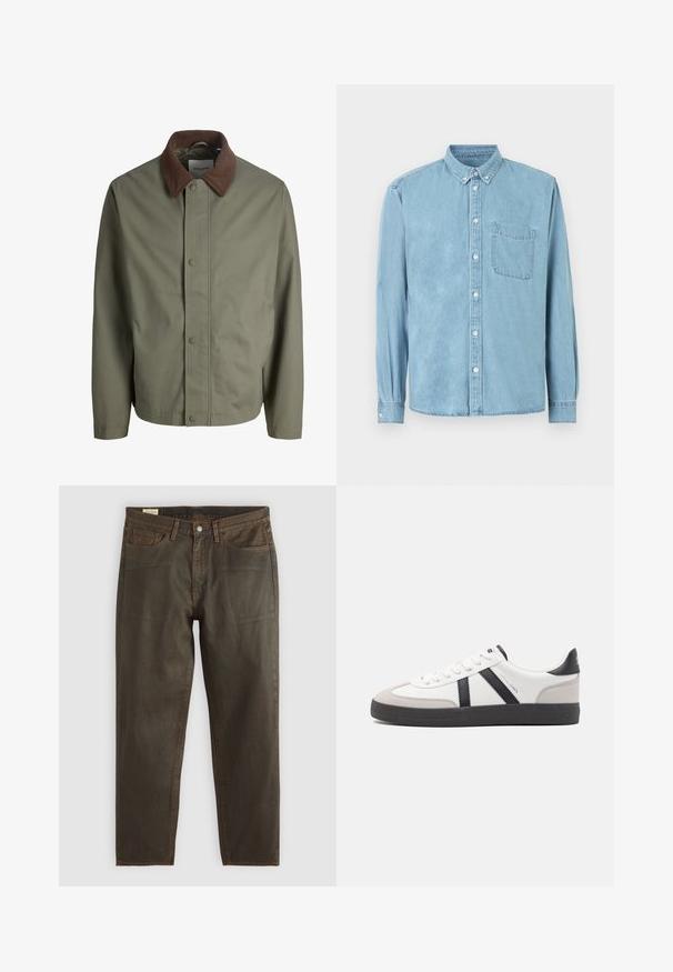 Olijfgroene jas met knopen, een bruine corduroy kraag, lange mouwen en verborgen knopen aan de voorkant.; Lichtblauw denim overhemd met lange mouwen, een button-down kraag, een borstzak aan de voorkant en witte knopen middenvoor en op de manchetten.; Donkergroene denim jeans met een rechte snit, voorzien van koperen stiksels, een klassiek vijfzakdesign en een knoopsluiting.; Witte sneaker met zwarte en grijze accenten, voorzien van een grijze neus met textuur, zwarte rubberen zool en platte witte veters. Schoon ontwerp, minimalistische stijl.