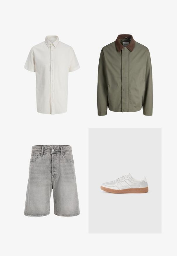 Veste olive verte à boutons avec col en velours côtelé brun, manches longues et boutons avant dissimulés.; Chemise blanche à manches courtes avec col pointu et sept boutons visibles sur le devant.; Short en jean gris clair avec passants de ceinture, bouton et fermeture éclair à l'avant, et cinq poches, présenté sur un fond blanc uni.; Baskets argentées avec une texture lisse, un design à lacets, des accents perforés et une semelle en caoutchouc marron texturé.
