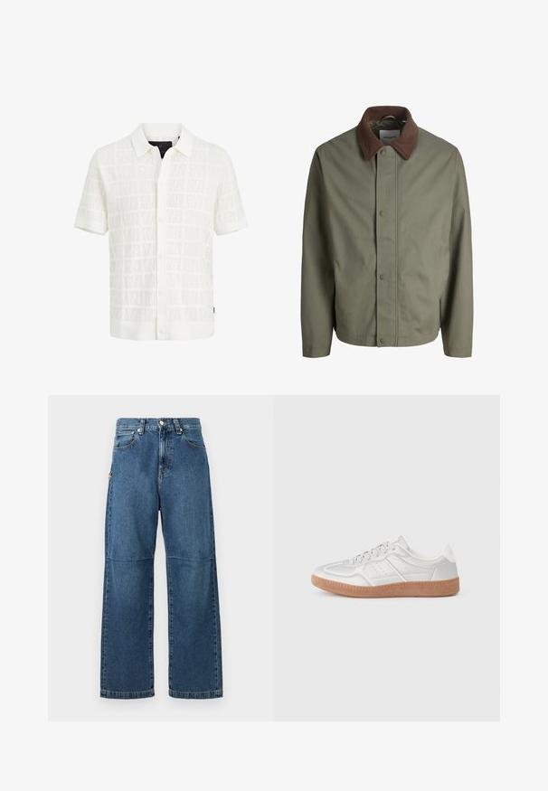 Veste olive verte à boutons avec col en velours côtelé brun, manches longues et boutons avant dissimulés.; Chemise blanche à manches courtes, boutonnée, avec col et motif carré texturé sur fond uni.; Jeans en denim bleu avec une coupe relaxée, des jambes droites, des coutures visibles et une fermeture à bouton à l'avant. Comprend une poche latérale avec un accent.; Baskets argentées avec une texture lisse, un design à lacets, des accents perforés et une semelle en caoutchouc marron texturé.