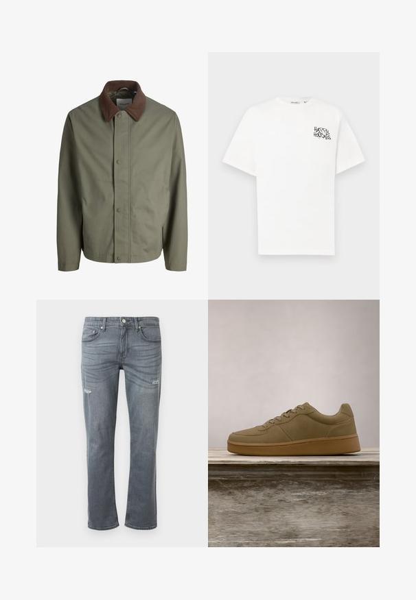 Olivengrøn jakke med knapper foran, brun fløjlskrave, lange ærmer og skjulte knapper foran.; Hvid kortærmet t-shirt lavet af bomuld med en sort grafik, der siger "HAPPY HOLIDAYS" på venstre brystområde.; Grå denim jeans med rett ben design, let slid ved knæene og traditionel fem-lomme stil. Knaplukning i taljen.; Olivengrøn sneaker med snørebånd, der svæver over en træbænk, med sløret grønt løv i baggrunden.