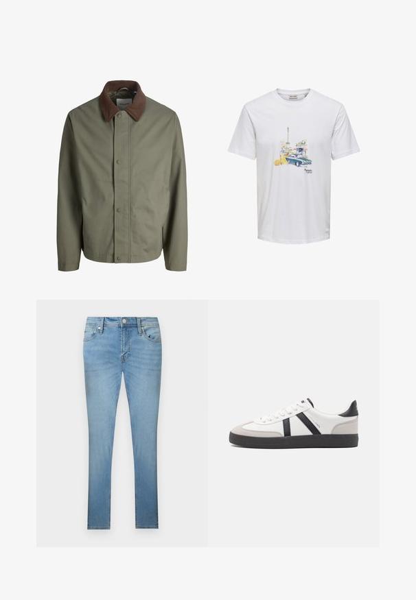 Olivengrøn jakke med knapper foran, brun fløjlskrave, lange ærmer og skjulte knapper foran.; Hvid t-shirt med print af Eiffeltårnet, vintagebil, orange drik med blomst og teksten "Parisien Lifestyle" midt foran.; Lysblå slim-fit denimjeans med knap foran, lynlås, bæltestropper og fem-lomme design, vist på en hvid baggrund.; Hvide sneakers med sorte og grå detaljer, med en tekstureret grå tåhætte, sort gummisål og flade hvide snørebånd. Rent design, minimalistisk stil.