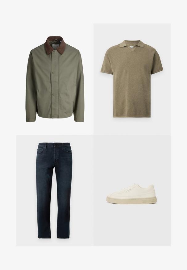 Olijfgroene jas met knopen, een bruine corduroy kraag, lange mouwen en verborgen knopen aan de voorkant.; Olijfgroen textuur poloshirt met korte mouwen, een spreidkraag en een V-vormige inkeping bij de halslijn, weergegeven tegen een effen achtergrond.; Donkerblauwe jeans, gemaakt van denim stof, met een rechte pijpdesign, een sluiting met een knop en rits aan de voorkant, en vijf zakken.; Witte canvas sneakers met een gestructureerde rubberen zool, featuring een gestikte neuskap en logo-accent op de hak. Eenvoudig vetersluiting ontwerp.