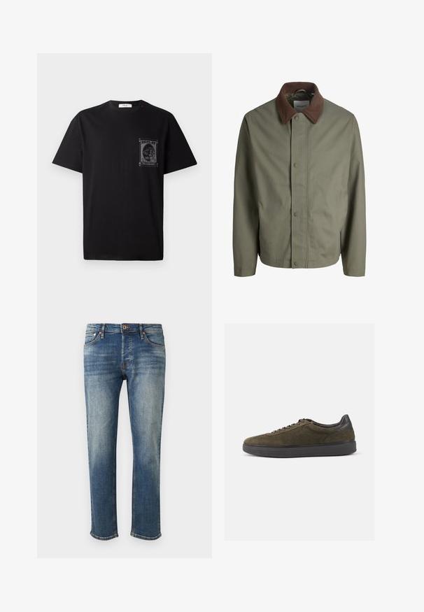 Olivgrüne Jacke zum Knöpfen mit braunem Cordkragen, langen Ärmeln und verdeckten Knöpfen vorne.; Schwarz Baumwoll-T-Shirt mit kurzen Ärmeln, ausgestattet mit einem grafischen Druck auf der linken Brust und einem kleinen roten Akzent am Halsauschnitt.; Blaue Jeans mit geradem Bein. Merkmale sind leichte Ausbleichungen, gestickte Akzente und ein roher Saum an den Bündchen. Standard Fünf-Taschen-Stil.; Olivgrüne Wildleder-Sneaker mit schwarzen Lederakzenten und Schnürsenkeln, die eine strukturierte Oberfläche und eine dicke schwarze Gummisohle aufweisen.