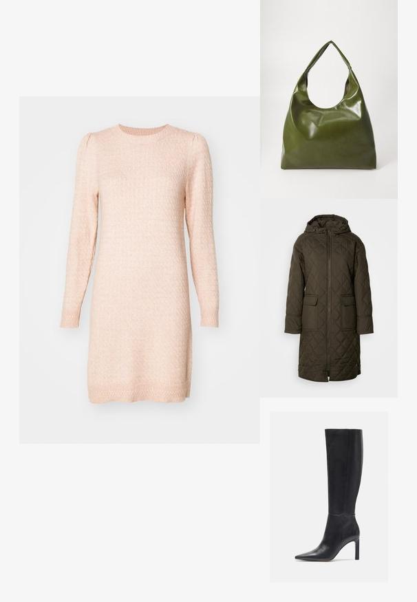 Vatteret, lang anorak i mørke olivengrøn, med hætte, to forlommer og en frontlynlås. Glat, struktureret stof.; Langærmet, rundhalset sweaterkjole i blød lyserød. Struktureret strik med subtile hævede mønstre, tætsiddende manchetter og lige silhuet.; Knæhøje sorte læder stiletto støvler med spids tå og glat tekstur, der har et slankt design og minimal syning.; Grøn læder hobo taske med en slouchy design, buet håndtag og glat tekstur. Indeholder ingen synlig hardware eller accenter.