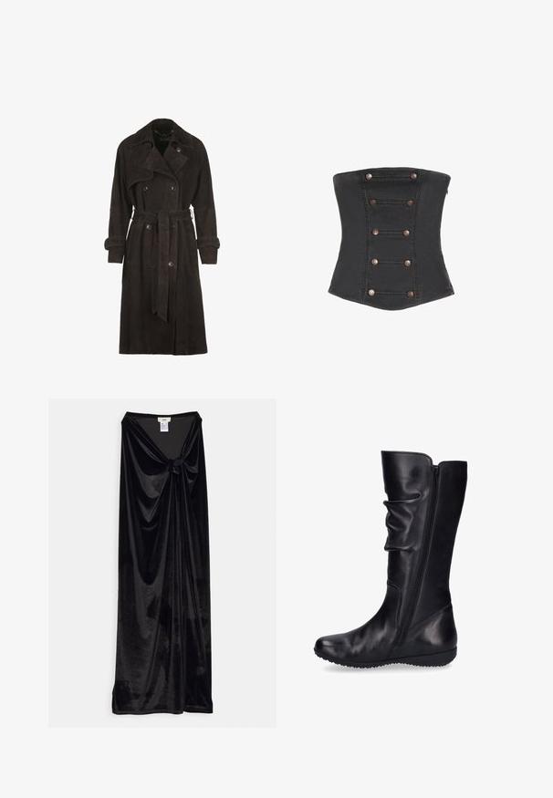 Luisa Spagnoli SILICE - Trenchcoat - marrone scuro; Sort stropløs korset med seks par dekorative kobberknapper arrangeret lodret foran.; GmbH LONG SKIRT WITH A KNOT - Maxinederdele - black; Sorte læder knæhøje støvler med en glat overflade, slouchy design, lynlås i siden og en flad gummisål med en rillede mønster.