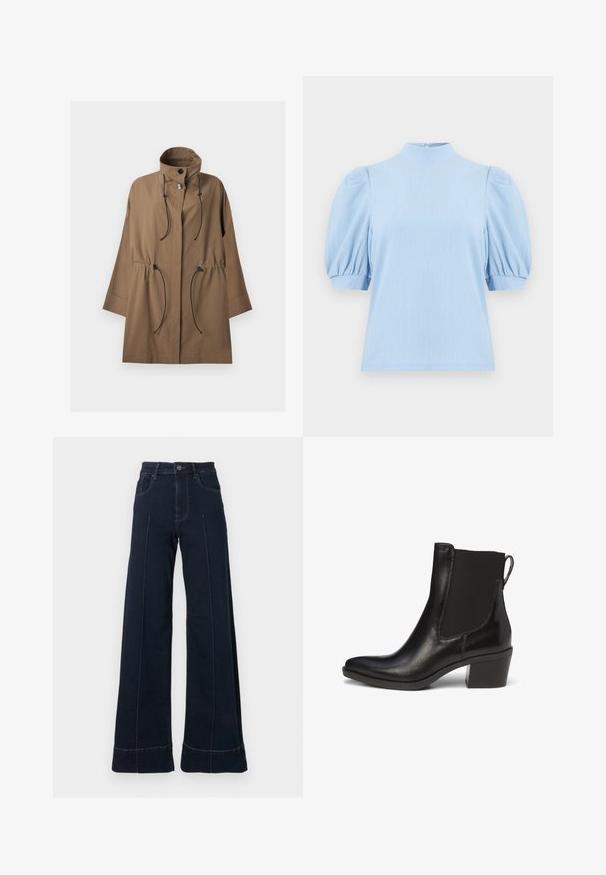Manteau marron à manches longues avec col montant, deux boutons au niveau du cou et cordons noirs ajustables à la taille et au col.; Blouse bleu clair texturée à manches courtes bouffantes, col montant et fermeture par bouton au dos du col.; Jean large bleu foncé à taille haute, avec des poches avant et des coutures visibles. Fabriqué en denim avec une texture lisse.; Bottine en cuir noir avec des panneaux latéraux élastiques, bout pointu et talon bloc. Elle possède une tirette pour un enfilage facile.