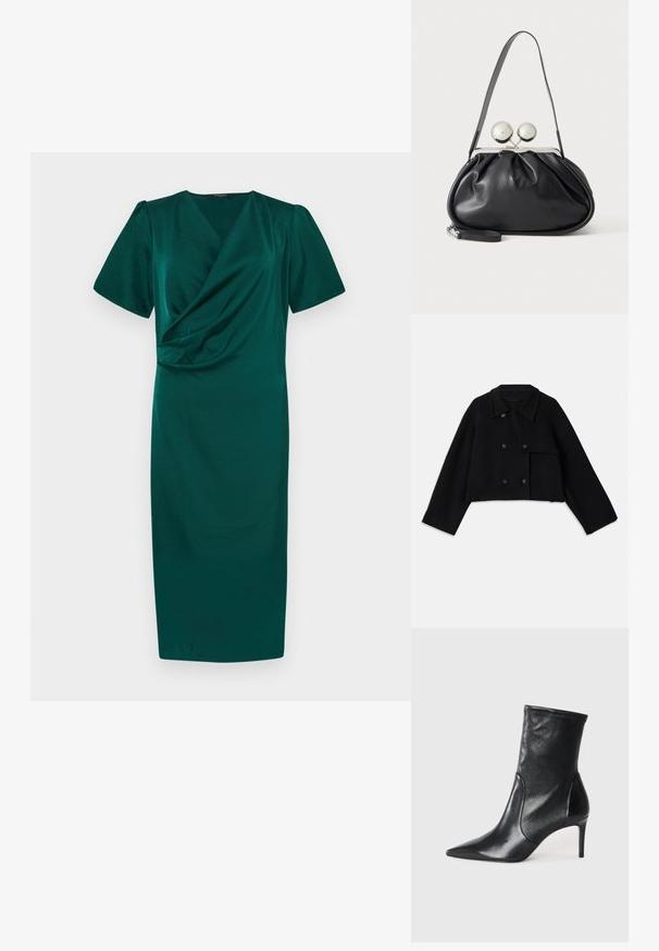 CLOSED CROPPED TRENCH - Suvejakk - black; Teal värviga põlvepikkune kleit, millel on kokkusurutud disain, lühikesed puffvarrukad ja sile tekstuur. Omab sügavat V-kaela ja pehmeid kogumisdetailide vööl.; Mustad mustajalatsid, mis on valmistatud siledast nahast, omavad teravat nina, kitsast varre ja peenikest kõrget kontsa. Minimalistlik disain, ilma nähtava riistvaraeta.; Mustast nahast käekott kogutud disainiga, ühe rihmaga, hõbedase metallraamiga ja kahe suure ümmarguse hõbedase klambriga.
