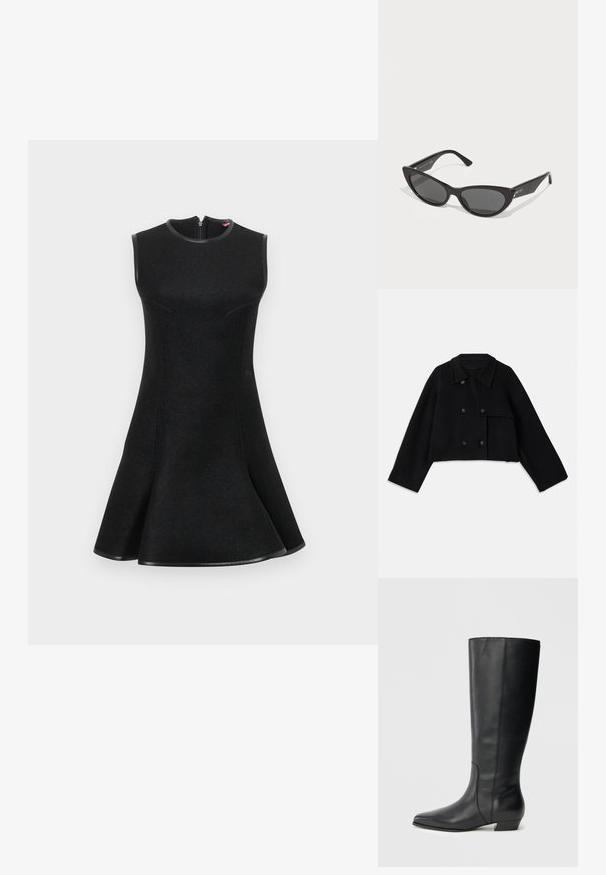 CLOSED CROPPED TRENCH - Veste légère - black; Robe noire sans manches avec une jupe évasée, en tissu texturé, coutures courbes et fermeture éclair au dos. Accentuée d'une bordure noire.; Bottes en cuir noires montant jusqu'aux genoux, avec bout pointu et talon bas carré, présentant une texture lisse et un design épuré et élégant.; Lunettes de soleil noires en forme d'œil de chat avec des verres sombres, monture en plastique brillant et branches effilées avec un logo discret sur la branches.