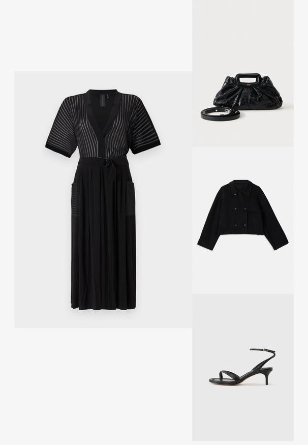 CLOSED CROPPED TRENCH - Letná bunda - black; Čierna maxi šaty s krátkymi rukávmi, vertikálnymi prúžkami, výstrihom do V, opaskom v páse a bočnými vreckami. Vyrobené z ľahkej tkaniny.; Čierne kožené sandále pre ženy s tenkými remienkami, očkom na palec, prackou na členku a stredne vysokým ihličkovým podpätkom na neutrálom pozadí.; Malá čierna kožená kabelka s nariasenou textúrou, obdĺžnikovou rukoväťou a odnímateľným tenkým ramenným popruhom položená vedľa nej.