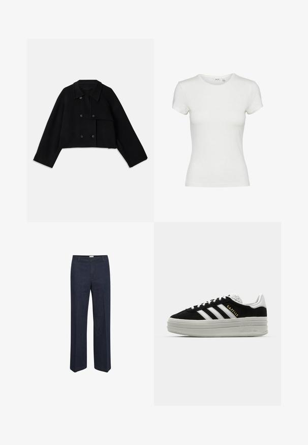 CLOSED CROPPED TRENCH - Lichte jas - black; Aware AWINES - T-shirt basic - snow white; Donkerblauwe, wijde jeans met een klassieke tailleband en voorzakken, ontworpen voor een comfortabele pasvorm en veelzijdige stijl.; Zwarte suède sneaker met witte leren accenten, drie witte strepen, platte veters en een dikke grijze platformzool. Gouden "Gazelle" branding.