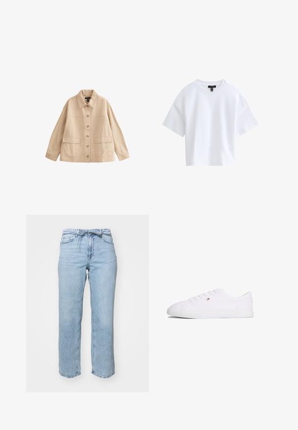 Veste beige à boutons avec col, manches longues et deux poches à rabat sur le devant, présentée à plat sur un fond blanc.; T-shirt court blanc uni à manches courtes avec un col rond et une étiquette de marque noire à l'intérieur du col.; Jean en denim bleu clair avec une coupe droite décontractée, cinq poches et une taille avec passants de ceinture. Fini usé avec un léger dégradé.; Baskets blanches basses à fermeture à lacets avec petit logo rouge, blanc et bleu sur le côté, semelle plate en caoutchouc.