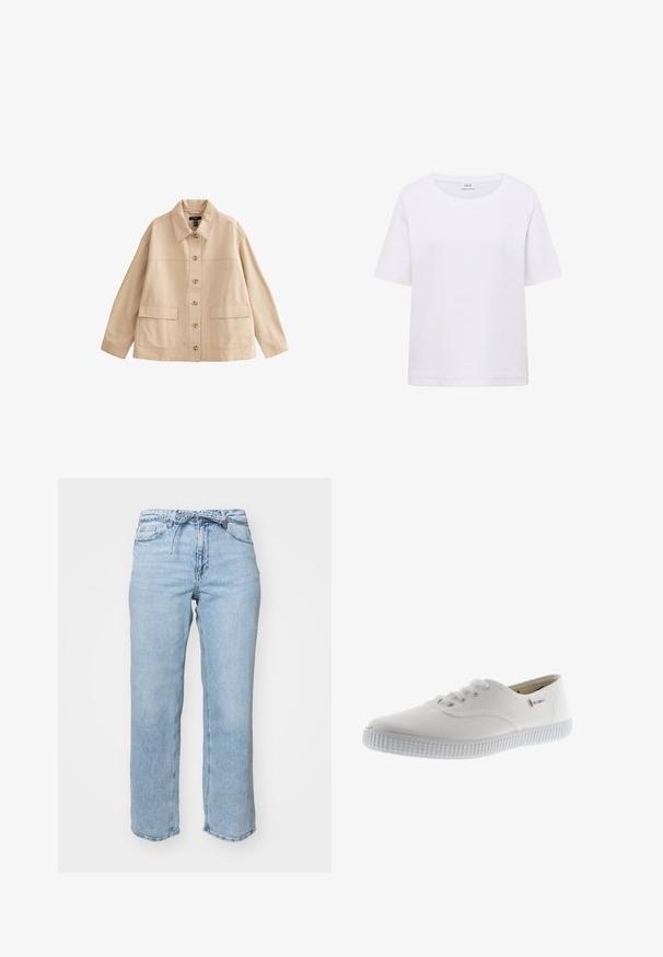 Beige blouse met knopen, een kraag, lange mouwen en twee klepzakken aan de voorkant, plat liggend op een witte achtergrond.; Effen witte katoenen T-shirt met korte mouwen en een ronde hals, voorkant weergegeven op een witte achtergrond zonder patronen of logo's.; Lichtblauwe denim jeans met een relaxed recht model, vijf zakken en een tailleband met lussen voor een riem. Verzorgde afwerking met subtiele vervaging.; Witte canvas sneakers met ronde neus, vetersluiting, gestructureerde rubberen zool en subtiele merkaanduiding. Glad stoffen afwerking.