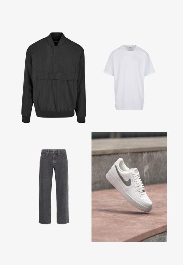 Veste pullover noire en tissu léger et lisse. Présente un col haut, une poche avant et des poignets et un ourlet élastiques. Design simple.; T-shirt blanc uni en coton à manches courtes avec col rond et étiquette de taille et de marque visible à l'intérieur du col.; Jean en denim noir délavé, coupe droite, avec cinq poches et passants pour ceinture, fermeture avant par boutons, et coutures apparentes.; Baskets blanches Nike Air Force 1 avec logo swoosh gris flottant au-dessus d'une surface en pierre et un mur en pierre gris en arrière-plan.