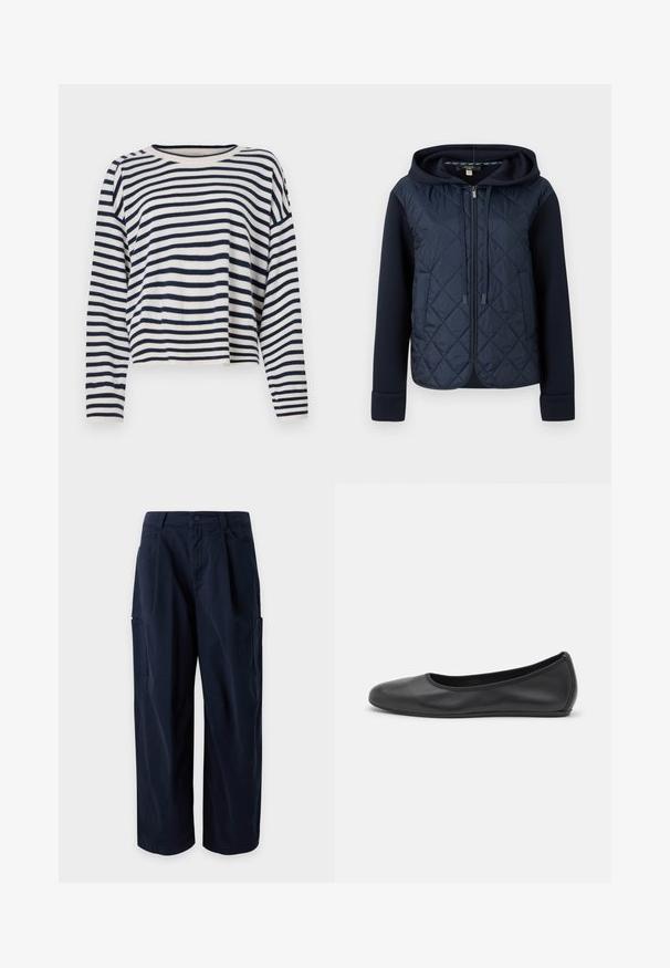 Chaqueta acolchada azul marino con cremallera, capucha, bolsillos frontales y cordones, con mangas lisas y diseño ligero.; Suéter de manga larga de algodón con rayas horizontales en azul marino y crema, escote redondo y un diseño corto con acentos acanalados.; Pantalones cargo azul marino de pierna ancha con trabillas para cinturón, bragueta frontal, bolsillos laterales y dos grandes bolsillos en los muslos, presentados sobre un fondo liso.; Bailarina de piel negra con punta redondeada, textura suave, detalle de costura minimalista y diseño de suela flexible.