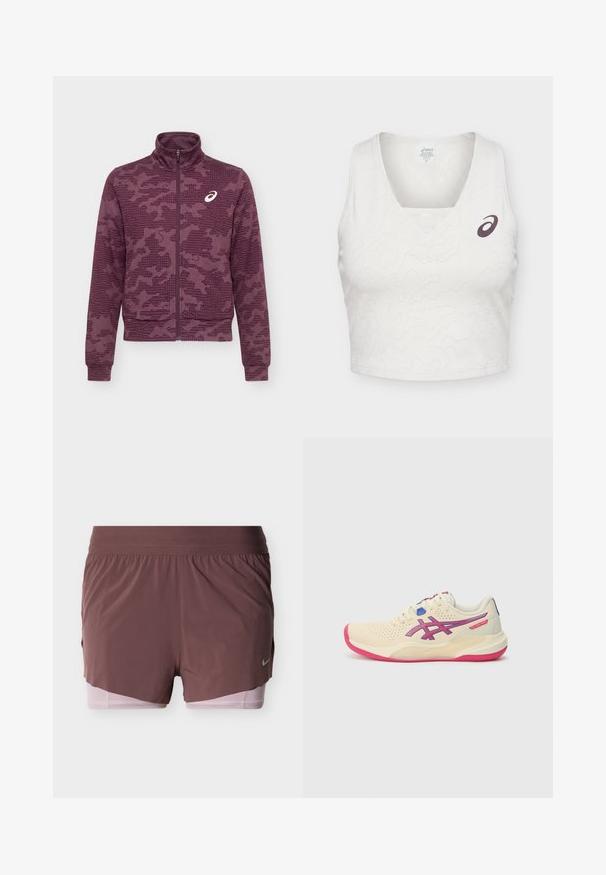 Mørkerød jakke med fuld lynlås og høj krave, abstrakt prikket og stribet mønster samt hvidt ASICS-logo på venstre bryst.; Hvid ærmeløs atletisk crop top med subtilt tekstureret mønster og mørkt Asics-logo øverst til venstre på brystet.; Shorts i dyb mauve med et let design, der har en bred talje og en lyserød inderforing. Inkluderer en lille logodetalje på siden.; Cremefarvet sportsko med en lyserød sål, blå og lilla accenter, perforeret overdel og design med rund tå.
