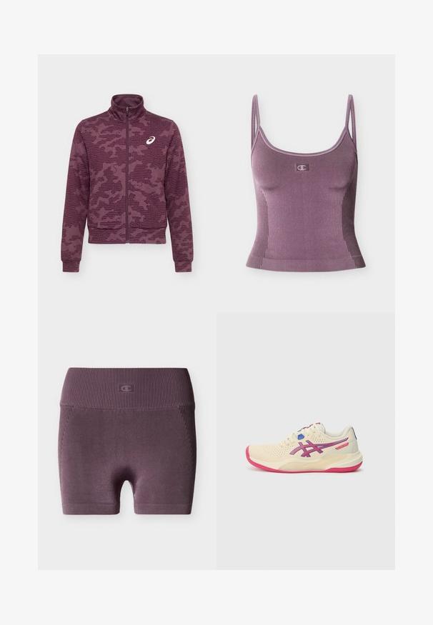 Mørkerød jakke med fuld lynlås og høj krave, abstrakt prikket og stribet mønster samt hvidt ASICS-logo på venstre bryst.; Lilla ribbet tanktop med tynde skulderstropper og lille logo centreret under halsudskæringen på ensfarvet baggrund.; Sømløse ribbede højtaljede lilla cykelshorts med en lille præget logo på midten af taljebåndet mod en hvid baggrund.; Cremefarvet sportsko med en lyserød sål, blå og lilla accenter, perforeret overdel og design med rund tå.