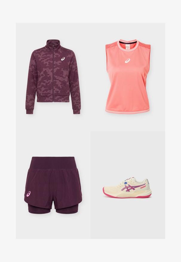 Mørkerød jakke med fuld lynlås og høj krave, abstrakt prikket og stribet mønster samt hvidt ASICS-logo på venstre bryst.; Ærmeløs atletisk tanktop i koralpink med hvide kanter på krave og kant, med hvidt Asics-logo centreret på brystet.; Lilla dobbeltlags løbeshorts med bredt linning og lille lyserødt Asics-logo på venstre ben.; Cremefarvet sportsko med en lyserød sål, blå og lilla accenter, perforeret overdel og design med rund tå.