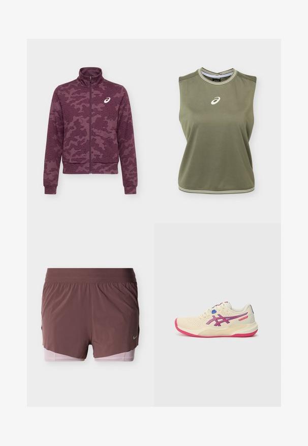 Bordeaux rode jas met ritssluiting over de hele lengte, hoge kraag, abstract stippen- en strepenpatroon, met wit ASICS-logo op de linkerborst.; Mouwloze olijfgroene sporttop met wit Asics-logo in het midden van de borst, witgestreepte ronde halslijn en zoom.; Korte broek in diep mauve met een lichtgewicht ontwerp, voorzien van een brede tailleband en een roze binnenvoering. Heeft een klein logodetail aan de zijkant.; Crèmekleurige sportschoen met een roze zool, blauwe en paarse accenten, perforeerde bovenkant en een afgeronde neus.
