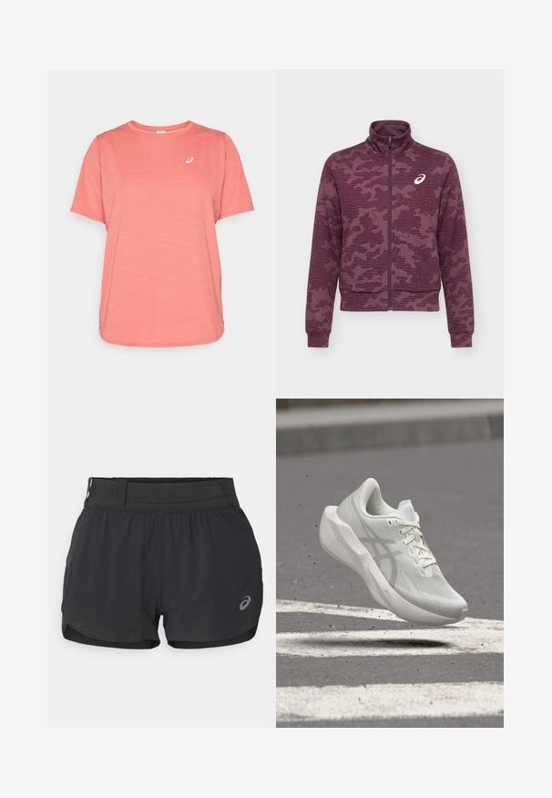Dunkelrote Jacke mit durchgehendem Reißverschluss, hohem Kragen, abstraktem gepunktetem und gestreiftem Muster sowie weißem ASICS-Logo auf der linken Brust.; ASICS ROAD TOP - Sport T-Shirt - dark pink clay; Schwarze Laufshorts mit einem Mesh-Bund, die eine glatte Textur, eine kurze Länge und ein kleines Logo auf der unteren rechten Seite aufweisen.; Weißer Laufschuh mit dicker Sohle und Mesh-Obermaterial, schwebt über einer Asphaltstraße mit weißen Markierungen und kleinen Schmutzpartikeln.