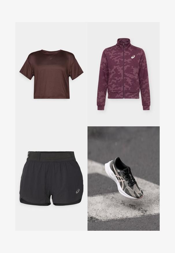 Bordeaux rode jas met ritssluiting over de hele lengte, hoge kraag, abstract stippen- en strepenpatroon, met wit ASICS-logo op de linkerborst.; Korte mouwen, cropped, bruin sporttop gemaakt van gladde, lichte stof met een subtiele glans en een klein logo op de borst.; Zwarte hardloopshorts met een gaasband, met een zachte textuur, een korte lengte en een klein logo aan de onderzijde rechts.; Zwarte en grijze hardloopschoen met een gestructureerde bovenkant, voorzien van een vetersluiting en een witte zool. Accenten met reflecterende details.