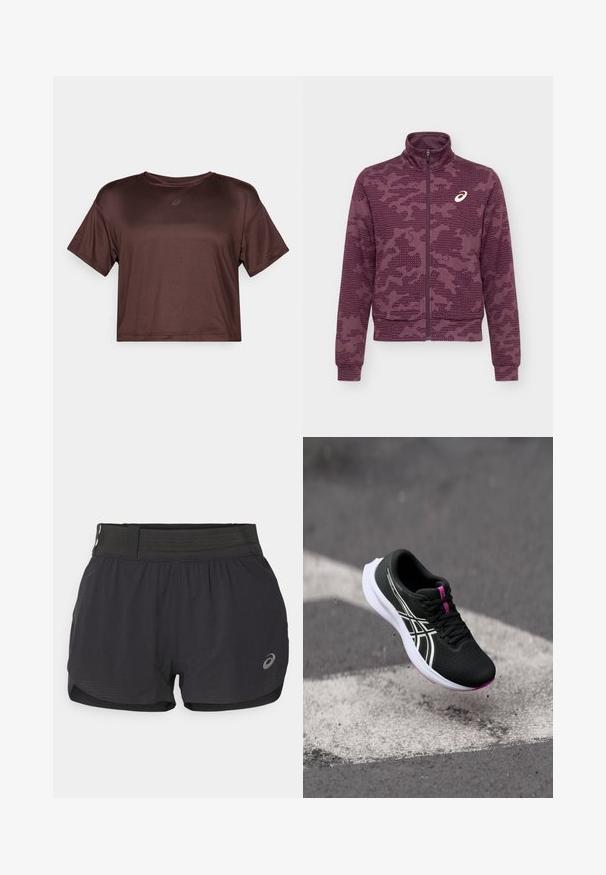 Vínová bunda na celoprepínanie s vysokým golierom, abstraktný bodkovaný a pruhovaný vzor a biele logo ASICS na ľavej strane hrude.; Hnedý športový top s krátkym rukávom a skráteným strihom vyrobený z hladkej, ľahkej látky s jemným leskom a malým logom na hrudi.; Čierne bežecké šortky s sieťovinovým pásom, s hladkým povrchom, krátkou dĺžkou a malým logom na dolnej pravej strane.; Čierna športová obuv s textúrovaným zvrškom, bielou podrážkou, ružovými akcentmi a kontrastnými bielymi pruhmi. Pláva nad sivým povrchom.