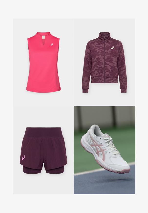 Bordeaux rode jas met ritssluiting over de hele lengte, hoge kraag, abstract stippen- en strepenpatroon, met wit ASICS-logo op de linkerborst.; ASICS COURT TANK - Top - bright rose; Paarse hardloopshorts met dubbele laag, brede tailleband en klein roze Asics-logo op het linkerbeen.; Witte sportschoen met roze accenten, synthetisch materiaal, ronde neus, mesh zijkanten en een gestructureerde zool. Voorzijde met veter en zichtbare ASICS-markering.