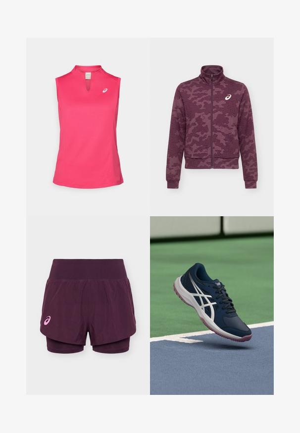 Dunkelrote Jacke mit durchgehendem Reißverschluss, hohem Kragen, abstraktem gepunktetem und gestreiftem Muster sowie weißem ASICS-Logo auf der linken Brust.; ASICS COURT TANK - Top - bright rose; Lila doppellagige Laufshorts mit breitem Bund und kleinem rosa Asics-Logo am linken Bein.; Dunkelblauer Sportschuh mit weißen Streifen und rosa Sohle, der über einem Tennisplatz in der Nähe der Grundlinie schwebt.