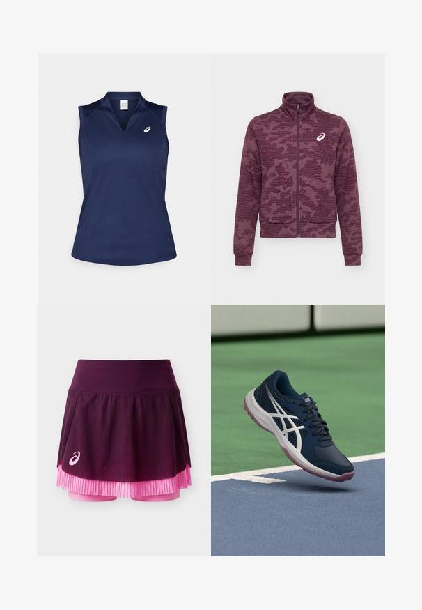 Dunkelrote Jacke mit durchgehendem Reißverschluss, hohem Kragen, abstraktem gepunktetem und gestreiftem Muster sowie weißem ASICS-Logo auf der linken Brust.; Marinefarbendes ärmelloses Sporttop mit V-Ausschnitt, aus glattem, feuchtigkeitsableitendem Material; mit flachen Nähten und einem kleinen Logo auf der linken Brust.; Lila und rosa geschichteter Sportrock mit integrierten Shorts und weißem Asics-Logo auf der linken Vorderseite.; Dunkelblauer Sportschuh mit weißen Streifen und rosa Sohle, der über einem Tennisplatz in der Nähe der Grundlinie schwebt.