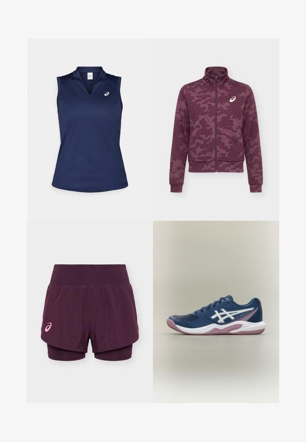 Mørkerød jakke med fuld lynlås og høj krave, abstrakt prikket og stribet mønster samt hvidt ASICS-logo på venstre bryst.; Marineblå ærmeløs træningstopp med V-udskæring, lavet af glat, svedtransporterende materiale; har flade sømme og et lille logo på venstre bryst.; Lilla dobbeltlags løbeshorts med bredt linning og lille lyserødt Asics-logo på venstre ben.; Marineblå atletiksko med hvid og pink sål, hvidt logo på siden, snøredesign og meshdetaljer på tåen og siderne.