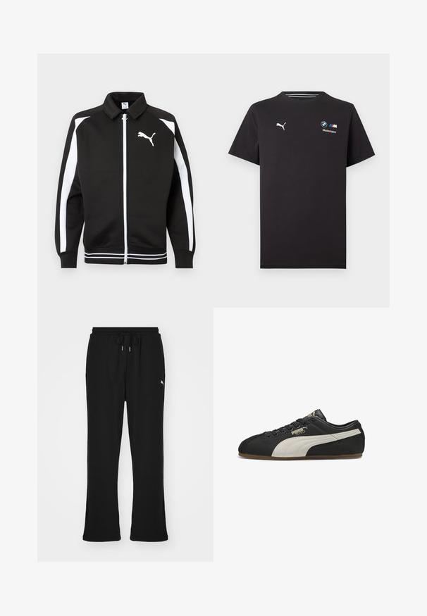 Chaqueta deportiva negra con cremallera, con rayas blancas en las mangas, logo de Puma blanco en el pecho y detalle de dobladillo con rayas blancas.; Camiseta negra de manga corta con el logo de Puma en el lado izquierdo del pecho y el logo de BMW Motorsport en el lado derecho del pecho.; Pantalones de chándal negros con cintura elástica y cordón, con bolsillos laterales y un sutil logo en la pierna izquierda. Tela suave, forma acampanada.; Zapatilla Puma de perfil bajo en negro con franja lateral beige, cordones negros y suela de goma, mostrando el lado exterior izquierdo con la marca "Puma Tackle".