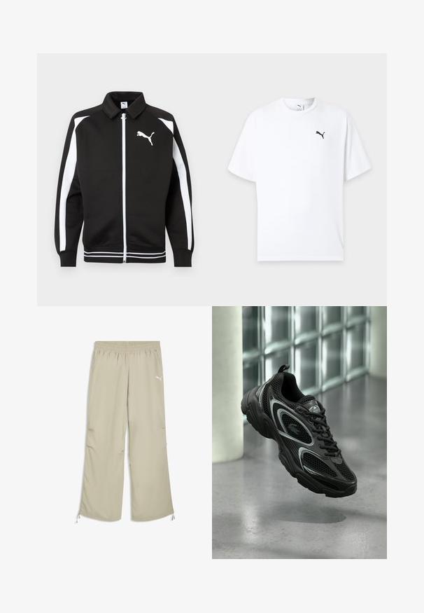 Veste de sport noire zippée avec des rayures blanches sur les manches, logo Puma blanc sur la poitrine et détails de ourlet à rayures blanches.; T-shirt blanc à manches courtes col rond avec un petit logo Puma noir sur la poitrine gauche sur un fond clair.; Pantalon de survêtement Puma avec taille élastique beige clair, poches latérales et cordons réglables aux poignets de la cheville.; Chaussure de sport noire en mesh et matériau synthétique, avec une semelle texturée, un design élégant, des accents argentés et un laçage à l'avant.
