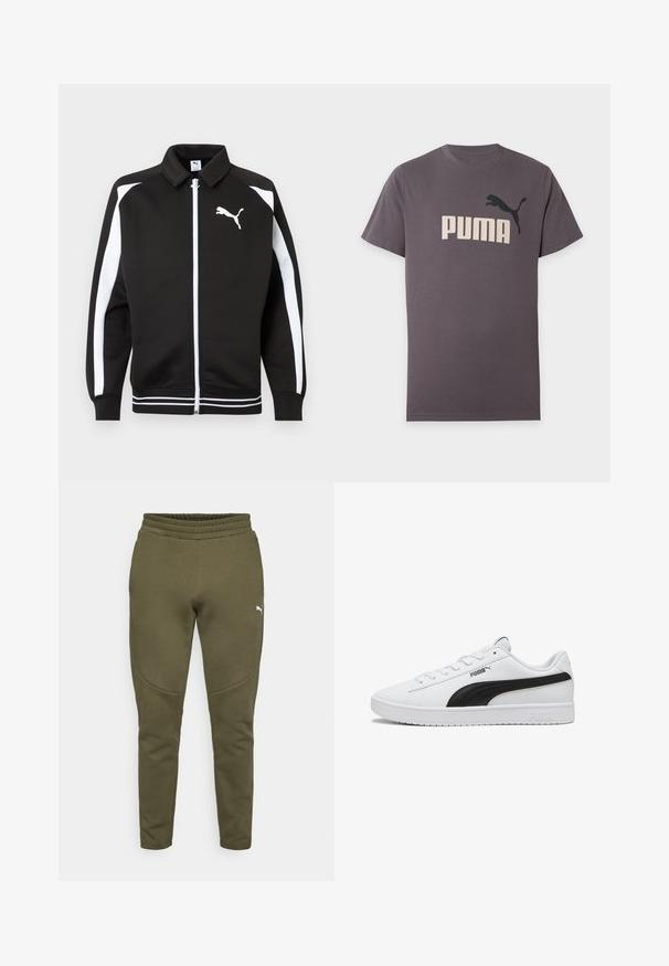 Must spordijope, millel on valged triibud varrukaosadel, valge Puma logo rinnal ja valget värvi triibuline ääredetail.; Tumehall lühikeste varrukatega Puma T-särk, millel on suur beež ""PUMA"" tekst ja must hüppava kassi logo rinnal, näidatud lihtsal taustal.; Oliivrohelised dressipüksid kitsendava lõikega, elastse vöökohtaga ja väikese valge logoga vasakul küljel. Pehme kangas, millel on sile tekstuur.; Valge Puma madalat tüüpi toss musta küljeribaga, valgete paelte ja Puma logoga tallal ja küljel, näidatud profiilvaates.