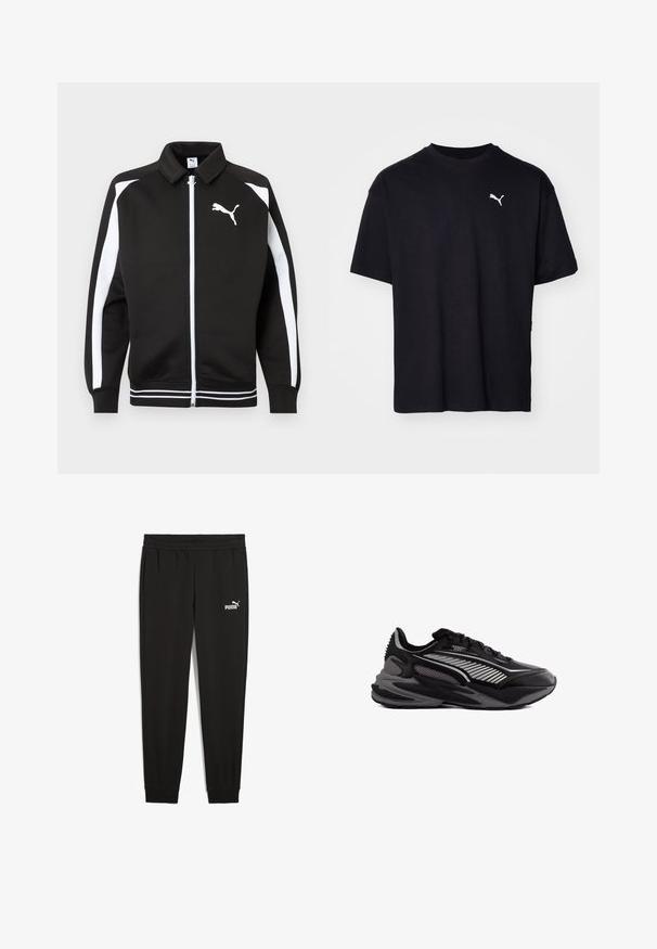 Chaqueta deportiva negra con cremallera, con rayas blancas en las mangas, logo de Puma blanco en el pecho y detalle de dobladillo con rayas blancas.; Camiseta de algodón negra de manga corta, con escote redondo y un logo blanco de Puma en la parte superior izquierda del pecho. Corte clásico, textura suave.; Pantalones de chándal negros hechos de tela suave, con una cinturilla elástica, bolsillos laterales y un logo de Puma blanco en el lado izquierdo.; Zapatilla deportiva negra y gris con paneles de malla, suela texturizada y diseño a rayas elegante en el lateral, mostrada de perfil.