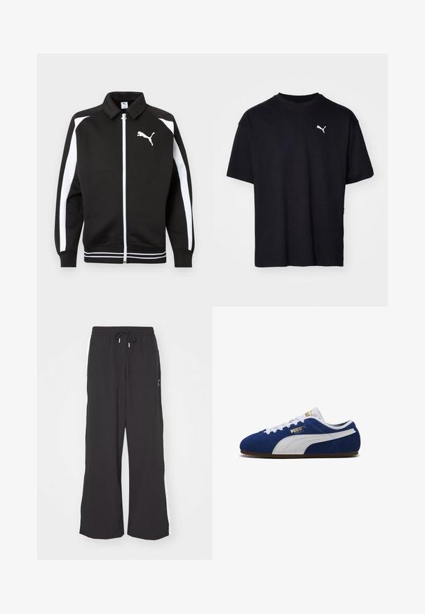 Sort sportsjakke med lynlås, hvide striber på ærmerne, hvidt Puma-logo på brystet og detaljer med hvidstribet kant.; Sort bomulds T-shirt med korte ærmer, rund halsudskæring og et hvidt Puma-logo på den øverste venstre bryst. Klassisk pasform, glat tekstur.; Sorte sweatpants med vid benvidde, elastisk talje og snor. Har hvide sidestriber og to sidelommer. Glat overflade.; Blå ruskind Puma-sneaker med hvid stribe, hvide snørebånd og guld Puma-logo på siden og tungen, set fra siden.