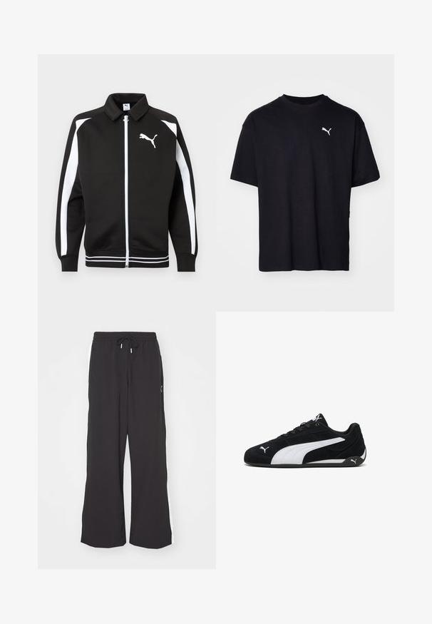 Zwarte sportjas met ritssluiting, witte strepen op de mouwen, wit Puma-logo op de borst en witte gestreepte zoom.; Zwarte katoenen t-shirt met korte mouwen, ronde halslijn en een wit Puma-logo op de bovenste linkerborst. Klassieke pasvorm, soepele textuur.; Zwarte wijde sweatpants met een elastische tailleband en trekkoord. Voorzien van witte zijstrepen en twee zijzakken. Glad textuur.; Zwarte suède sportschoenen met een witte zijstreep, witte merkaccenten, een platte zwarte zool en zwarte veters.