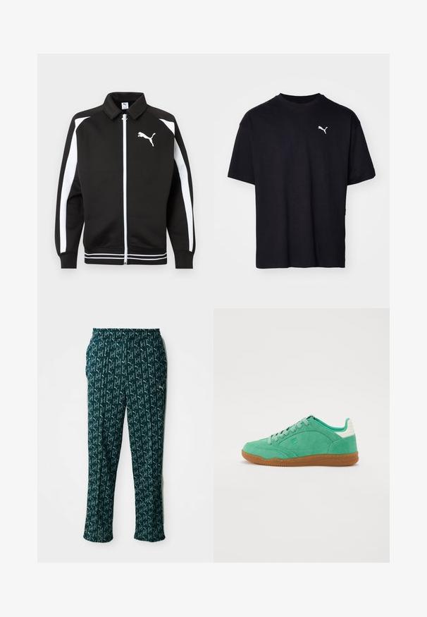 Sort sportsjakke med lynlås, hvide striber på ærmerne, hvidt Puma-logo på brystet og detaljer med hvidstribet kant.; Sort bomulds T-shirt med korte ærmer, rund halsudskæring og et hvidt Puma-logo på den øverste venstre bryst. Klassisk pasform, glat tekstur.; Grønne mønstrede bukser med et gentaget logo-design, med elastisk talje og lige snit, præsenteret mod en neutral baggrund.; Grønne ruskindsneakers med gummisål, der har en rund tå, snørelukning og en struktureret detalje på hælen.