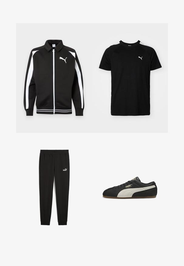 Zwarte sportjas met ritssluiting, witte strepen op de mouwen, wit Puma-logo op de borst en witte gestreepte zoom.; Zwarte t-shirt met korte mouwen, voorzien van witte accenten op de schouders, een ronde halslijn en een klein wit logo op de linkerborst. Zacht materiaal, klassieke pasvorm.; Zwarte sweatpants van zacht materiaal, met een elastische tailleband, zijzakken en een wit Puma-logo aan de linkerkant.; Zwarte lage Puma sneaker met beige zijstreep, zwarte veters en een gumzool, linksbuiten aanzicht met "Puma Tackle" branding.