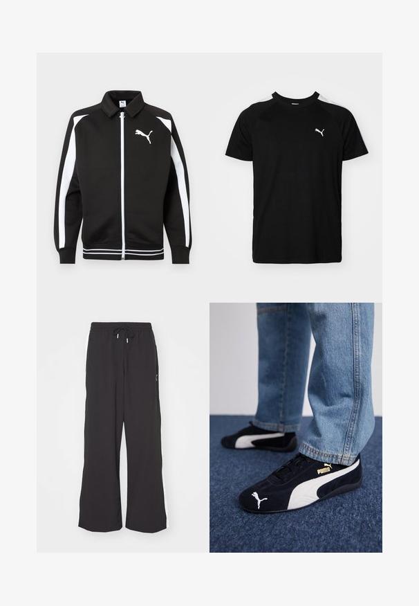 Sort sportsjakke med lynlås, hvide striber på ærmerne, hvidt Puma-logo på brystet og detaljer med hvidstribet kant.; Sort kortærmet t-shirt med hvide accentstriber på skuldrene, rund halsudskæring og lille hvidt logo på venstre bryst. Blødt stof, klassisk pasform.; Sorte sweatpants med vid benvidde, elastisk talje og snor. Har hvide sidestriber og to sidelommer. Glat overflade.; Sorte ruskinds sneakers med hvide detaljer og et guldlogo. Båret med lyseblå denimjeans og sat på en struktureret blå overflade.