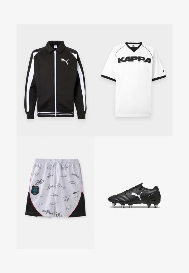 Must spordijope, millel on valged triibud varrukaosadel, valge Puma logo rinnal ja valget värvi triibuline ääredetail.; Valge lühikeste varrukatega spordisärk musta ääristusega, musta "KAPPA" tekst rinnal ja väike logo vasakul varrukal.; Valged lühikesed püksid mustade aktsentide ja punase äärepitimisega, millel on mitu musta allkirja. Vasakul küljel on botter Antwerpeni logo.; Mustad mustad sinu jalgpalliklipid musta värvi tekstuuriga materjaliga, valge Puma logo, nööri kinnitusega ja metallist nupud, et tagada haardumine. Disain rõhutab jõudlust ja tuge.