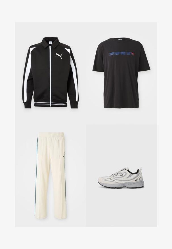 Sort sportsjakke med lynlås, hvide striber på ærmerne, hvidt Puma-logo på brystet og detaljer med hvidstribet kant.; Sort bomulds t-shirt med en blå vandret stribe, der har ordet "PUMA" og et rødt logo af en springende puma på fronten. Korte ærmer.; Cremefarvede træningsbukser med en tekstureret overflade, der har mørkegrønne sidelære og en elastisk talje. Ikonisk logo på hoften.; Hvide og grå FILA løbesko med sort sål, snørebåndslukning og bølgepaneldetaljer på siderne.